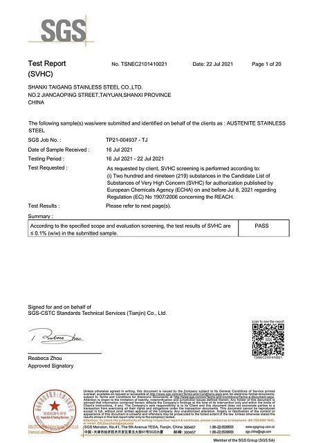 Austenite Stainless Steel REACH